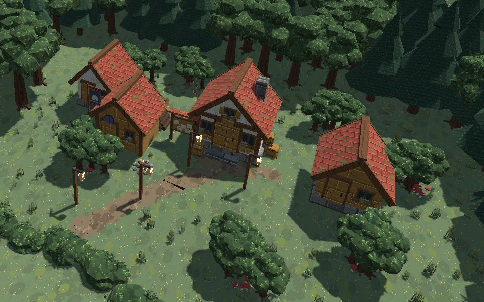 The current arrangement of farm buildings beside a path and surrounding trees.