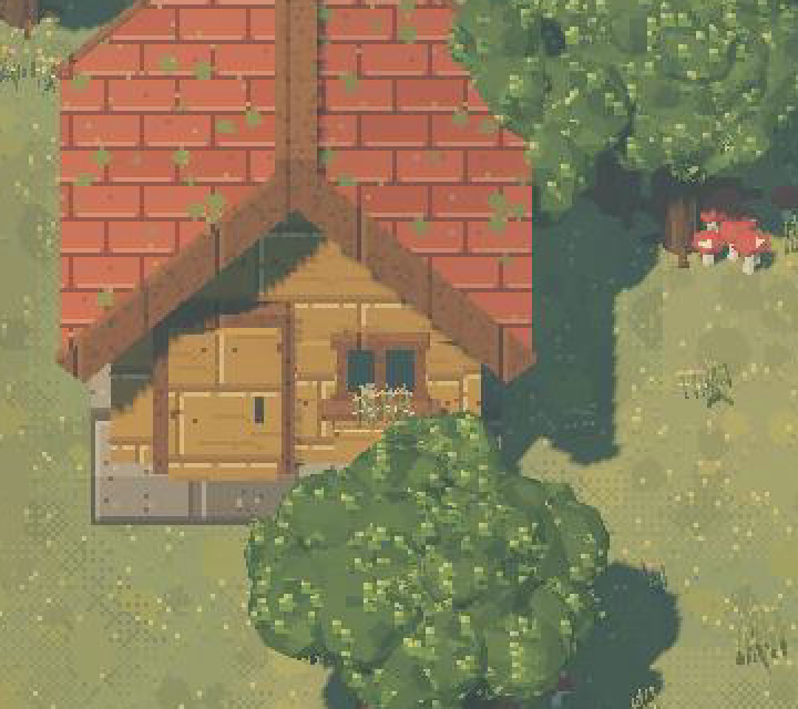 A red-roofed farm cottage beside trees and grass.