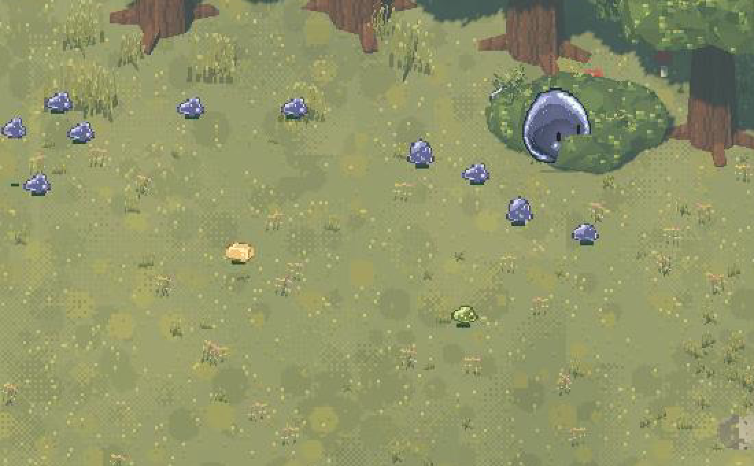 A forest clearing with grass, scattered materials, and a slime habitat.