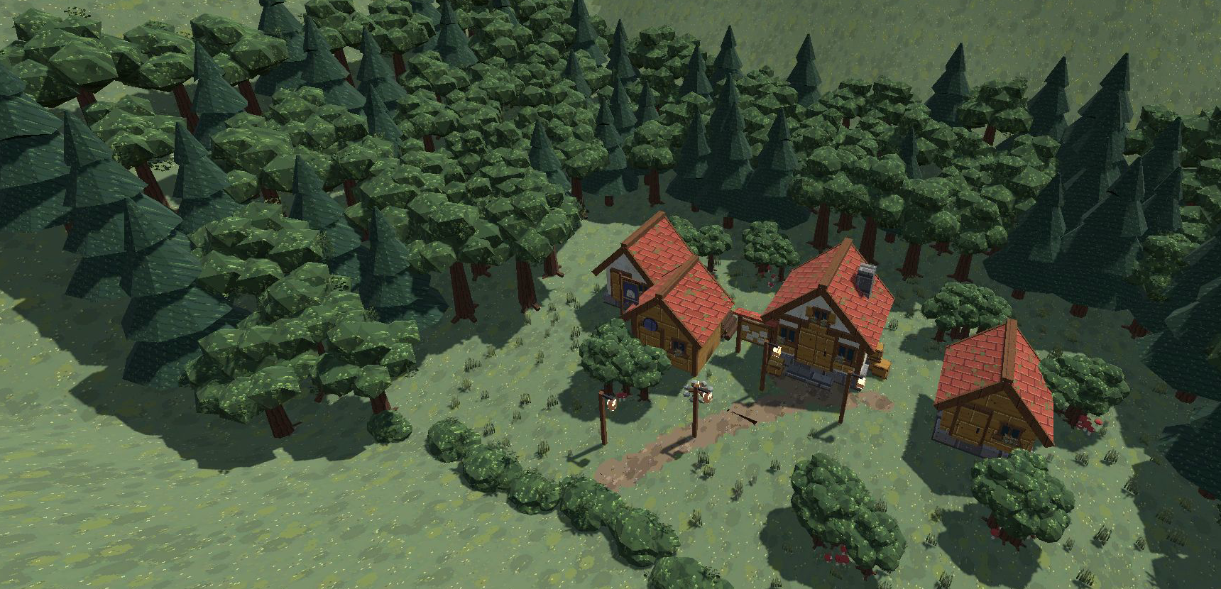 An overview of the current village map, with buildings and paths in a forest clearing.